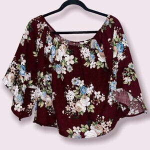 Off The Shoulder Blouse Burgundy White Floral Flowy Boho Womens Size Large